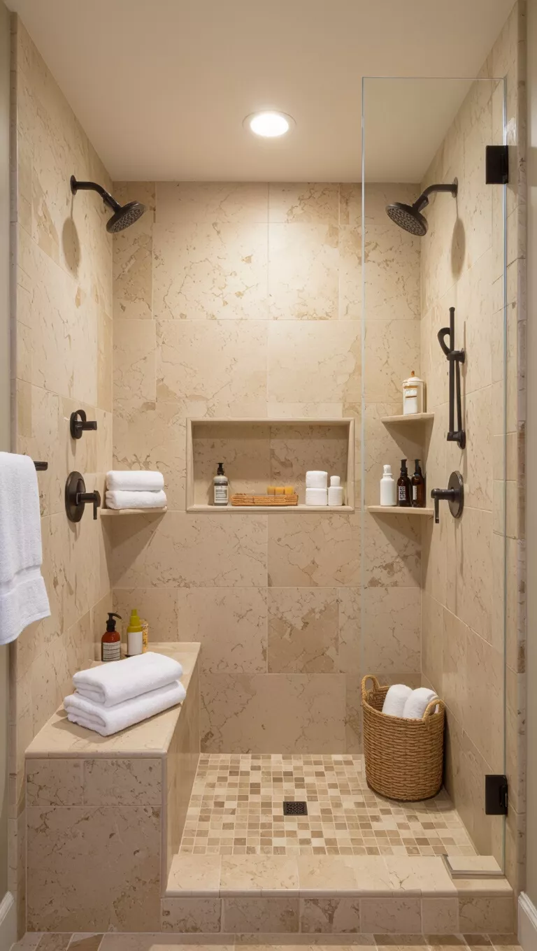 A professional photo, similar to a photo in a home design magazine, of a walk-in shower with built-in recessed shelves, natural stone finish, organized shower essentials, clutter-free space