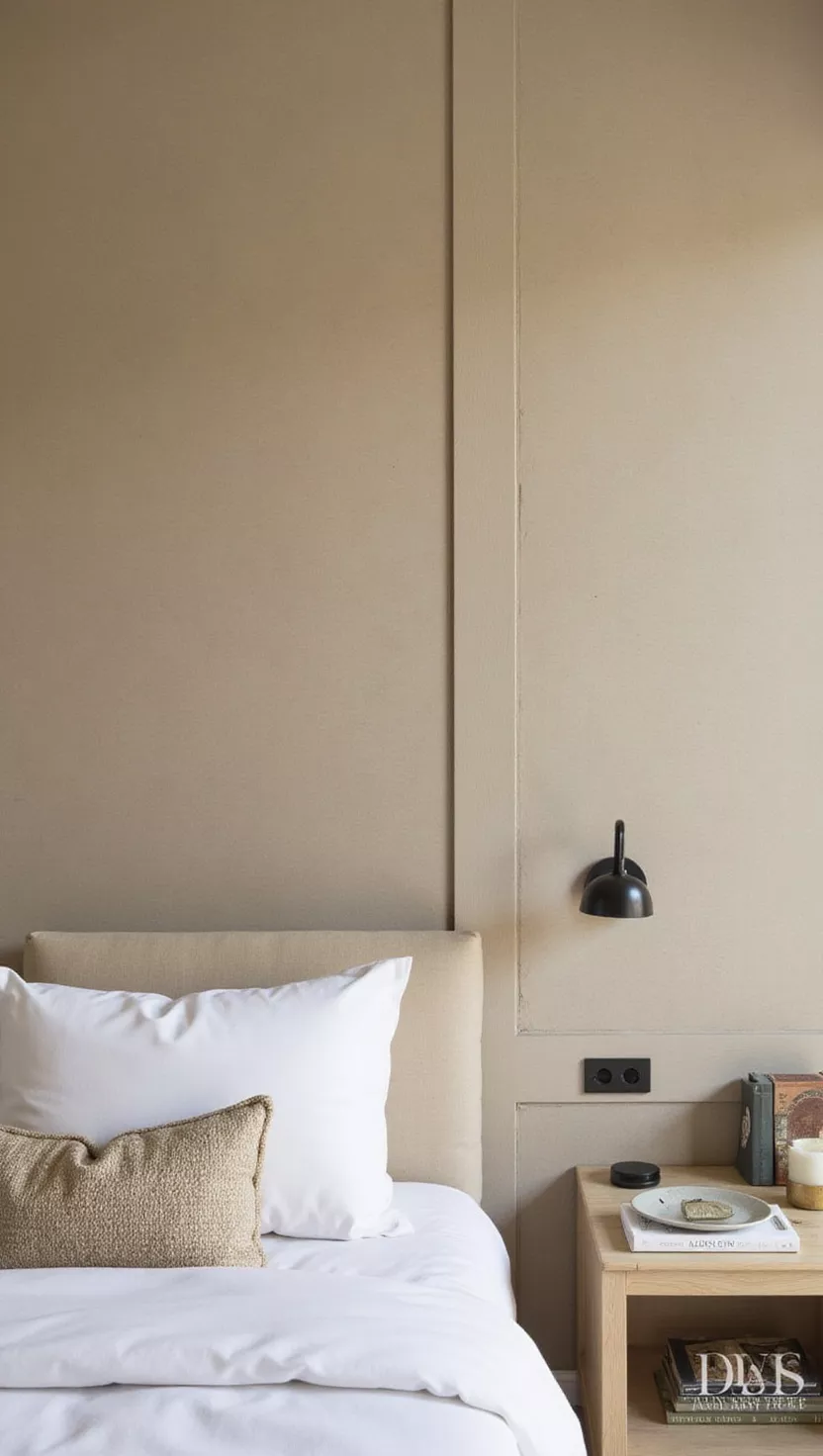A professional photo, similar to a photo in a home design magazine, of an elegant bedroom with textured beige wall panels adding depth and warmth, complemented by soft lighting and minimal decor.