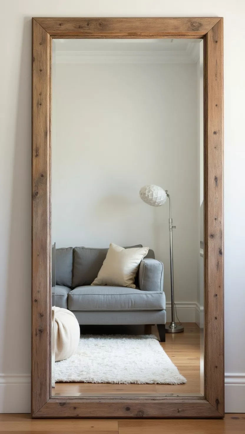 Spiegel als Stil-Element A professional photo, similar to a photo in a home design magazine, of a large, rustic wooden-framed mirror leaning against a living room wall, adding character and light.