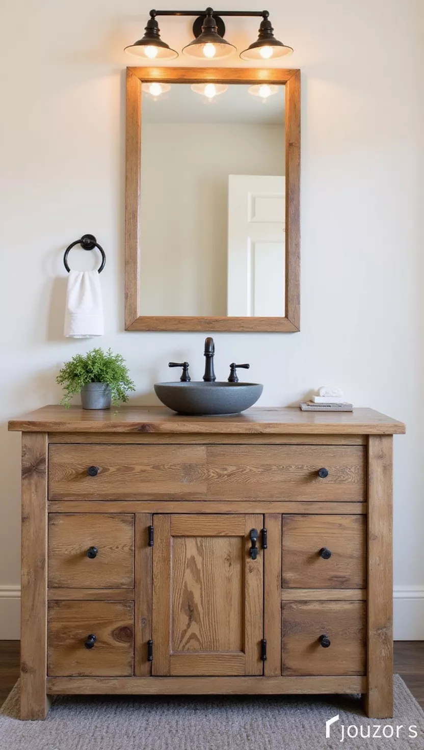 Rustikale Tapeten anbringen A rustic bathroom selecting rustic vanities made from reclaimed wood, with an integrated ceramic sink and dark metal hardware.