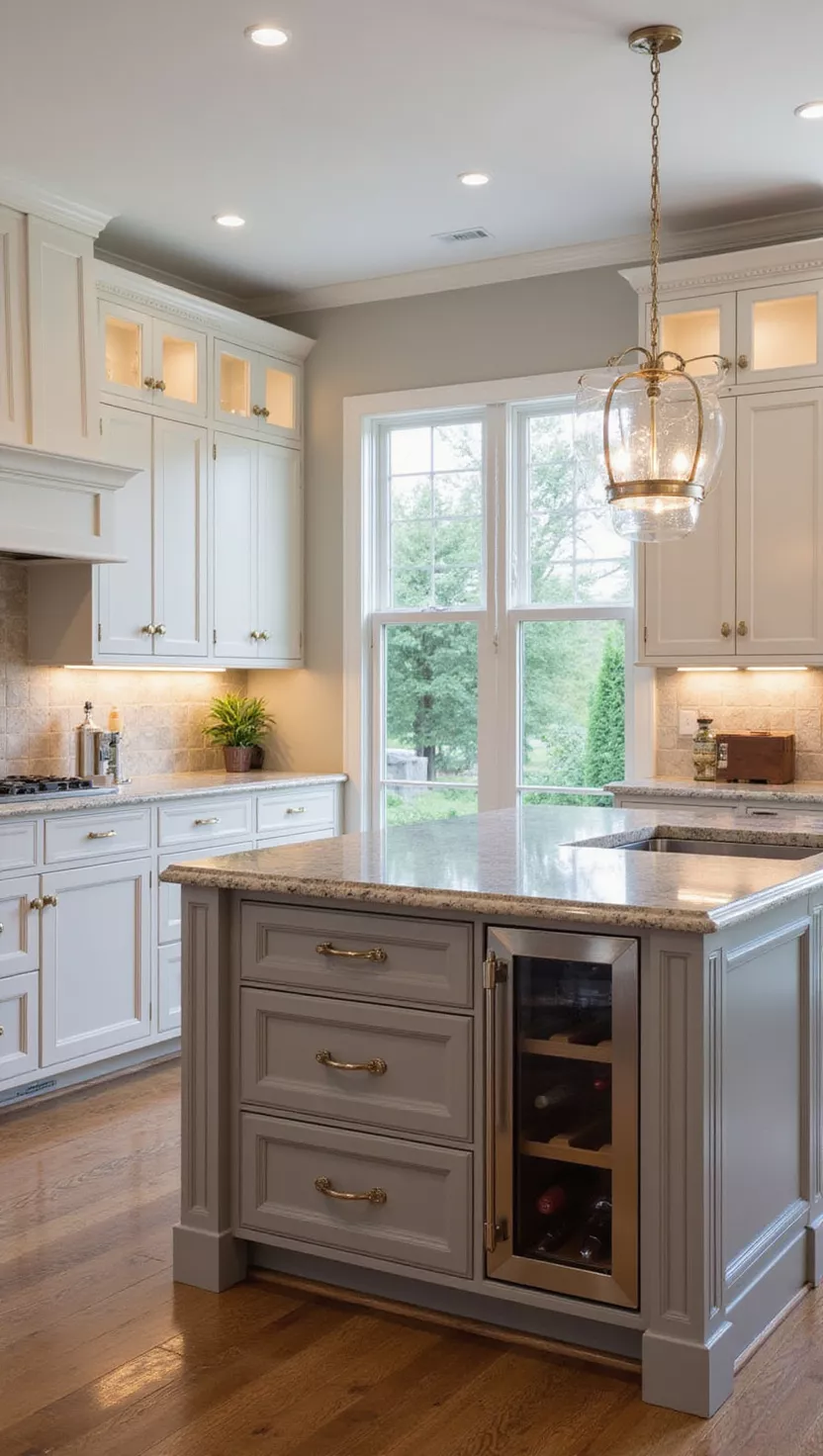 Kücheninsel aufwerten A professional photo, similar to a photo in a home design magazine, of a luxurious kitchen island with a built-in wine cooler and elegant storage, reflecting sophistication.