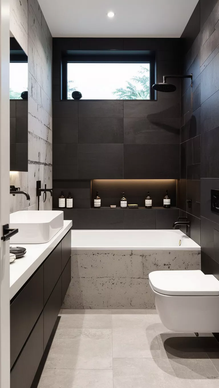 Verschiedene Oberflächen gestalten A bathroom expertly blending matte black tiles, glossy white ceramic, and rough concrete textures for contrast.