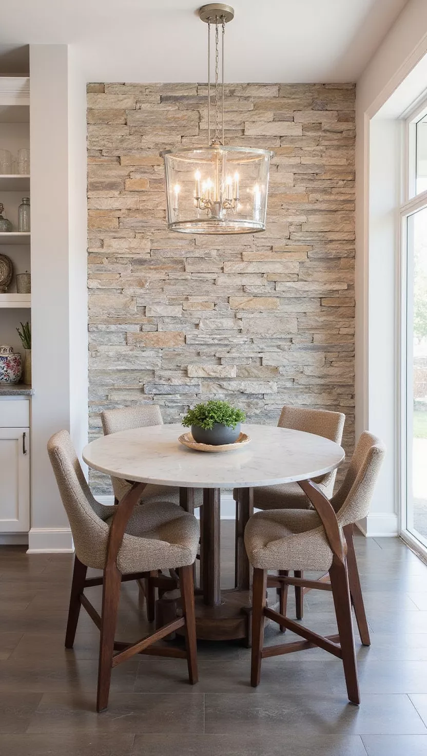Steinoptik für Eleganz A professional photo, similar to a photo in a home design magazine, of a kitchen accent wall covered in realistic faux stone panels, providing a sophisticated and earthy backdrop behind a modern dining set.