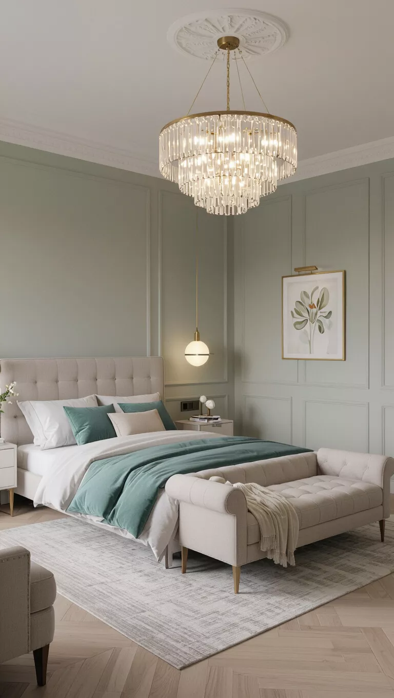 A luxury bedroom, thoughtfully designed with a cohesive and calming color palette, where all elements from walls to decor complement each other harmoniously.