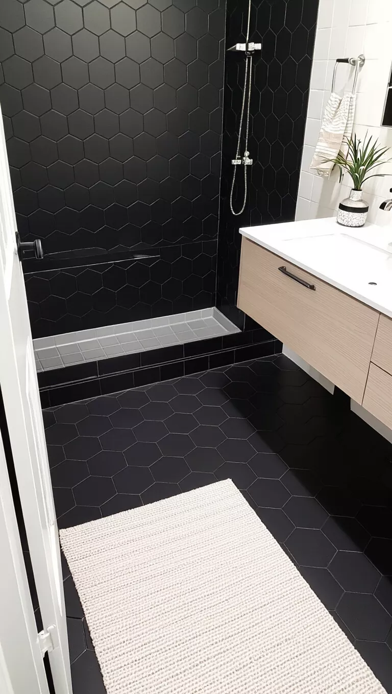 Schwarzen Bodenbelag wählen A small bathroom with dark, matte black hexagonal floor tiles contrasted with white walls and a light-colored vanity, creating depth.