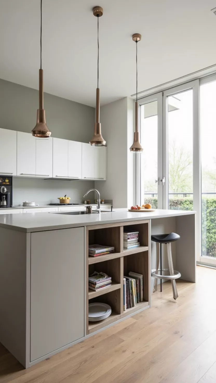 Kücheninsel einrichten A professional photo, similar to a photo in a home design magazine, of a sleek kitchen island with integrated storage, minimalist decor, and natural light.
