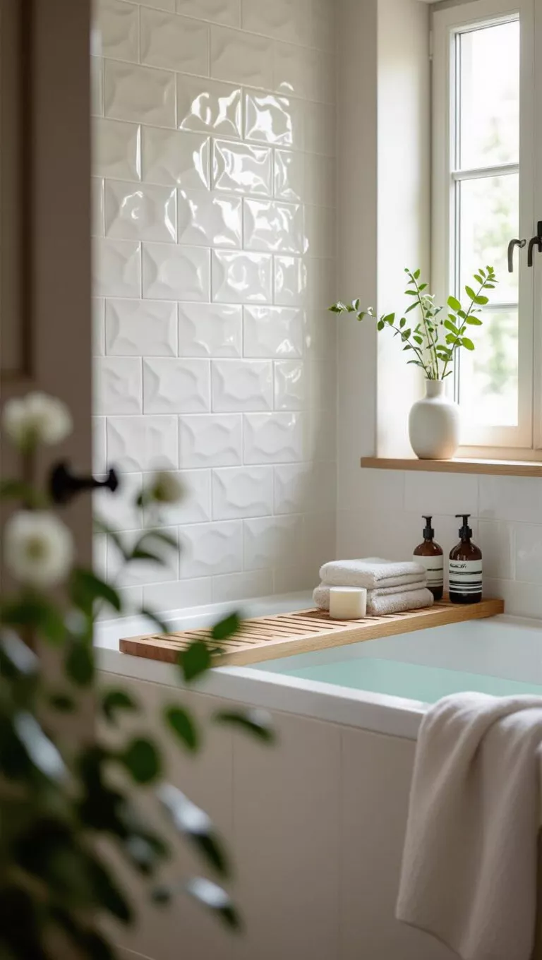 A professional photo, similar to a photo in a home design magazine, of a serene bathroom with subtle white relief tiles providing a gently textured wall, a simple wooden bath tray, and soft, natural light.
