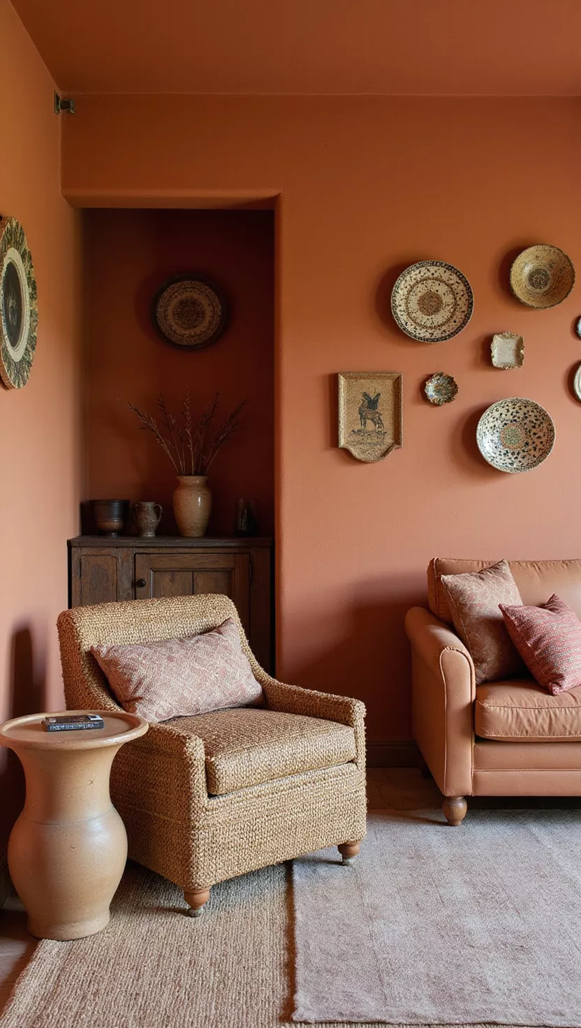 Warmes Terrakotta A professional photo, similar to a photo in a home design magazine, of a rustic living room with warm terracotta walls, pottery decorations, and woven textures.
