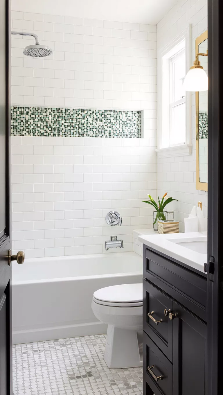 Fliesen kombinieren A small bathroom featuring a creative combination of glossy white subway tiles on the lower wall and small, intricate mosaic tiles above.