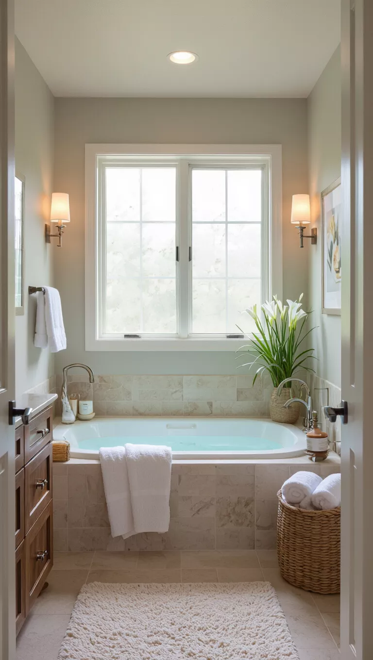 A professional photo, similar to a photo in a home design magazine, of a small bathroom designed as a serene spa retreat, soft lighting, natural textures, calming color palette
