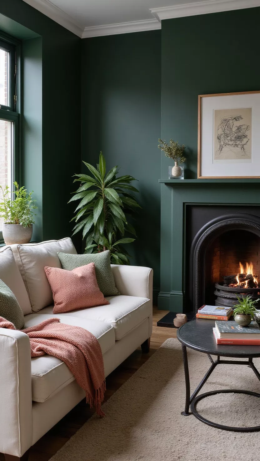 Gemütliches Dunkelgrün A professional photo, similar to a photo in a home design magazine, of a comfortable living room with dark green walls, soft blankets, and a roaring fire.