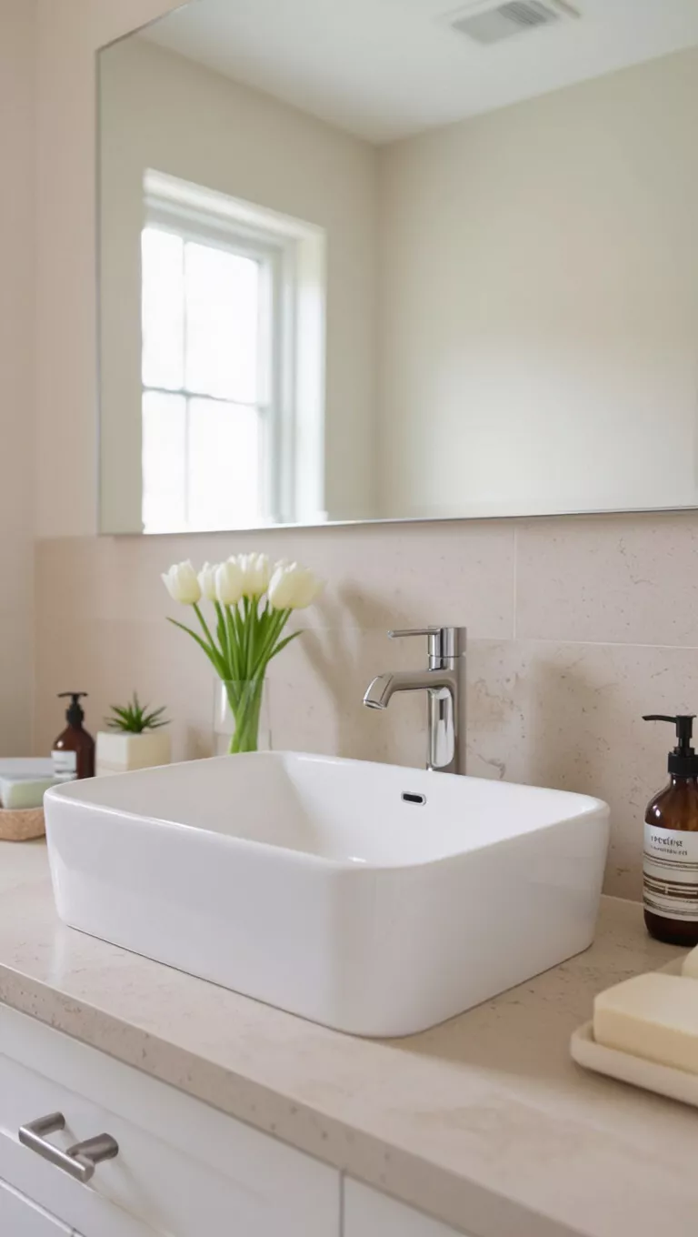 Beige mit weißem Waschbecken A bathroom with a beige countertop, featuring a bright, crisp white undermount or vessel sink.