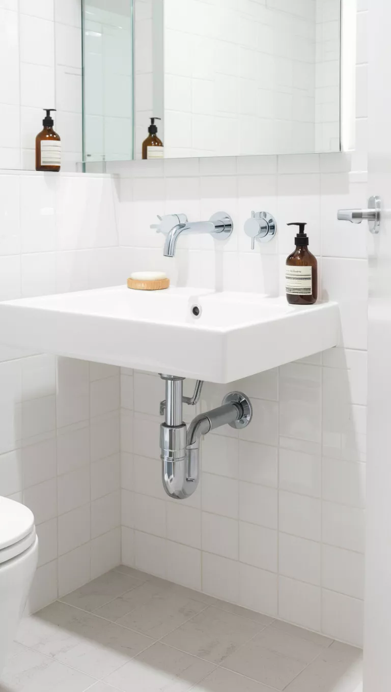 A small bathroom featuring a sleek, wall-mounted sink with exposed minimalistic plumbing, optimizing floor space underneath.