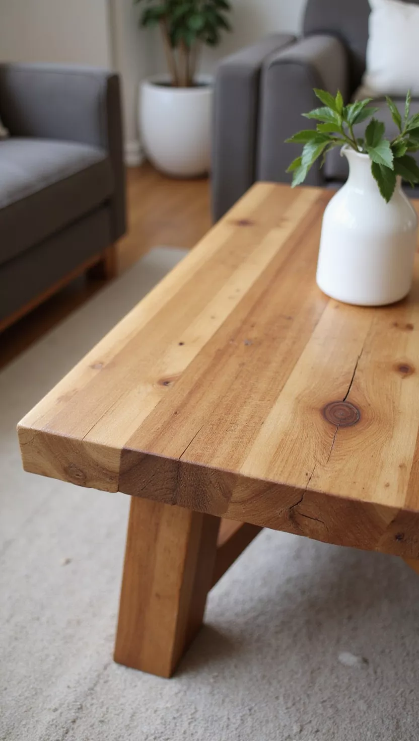 Holzelemente Integrieren A professional photo, similar to a photo in a home design magazine, of a rustic wooden coffee table with a warm, natural grain.