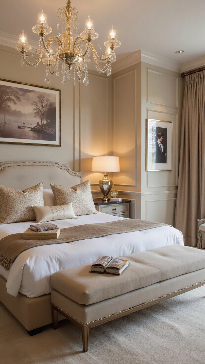 Beigefarbener Glamour A professional photo, similar to a photo in a home design magazine, of a luxurious beige bedroom adorned with opulent accents like metallic finishes, crystal lighting, and rich, textured fabrics.