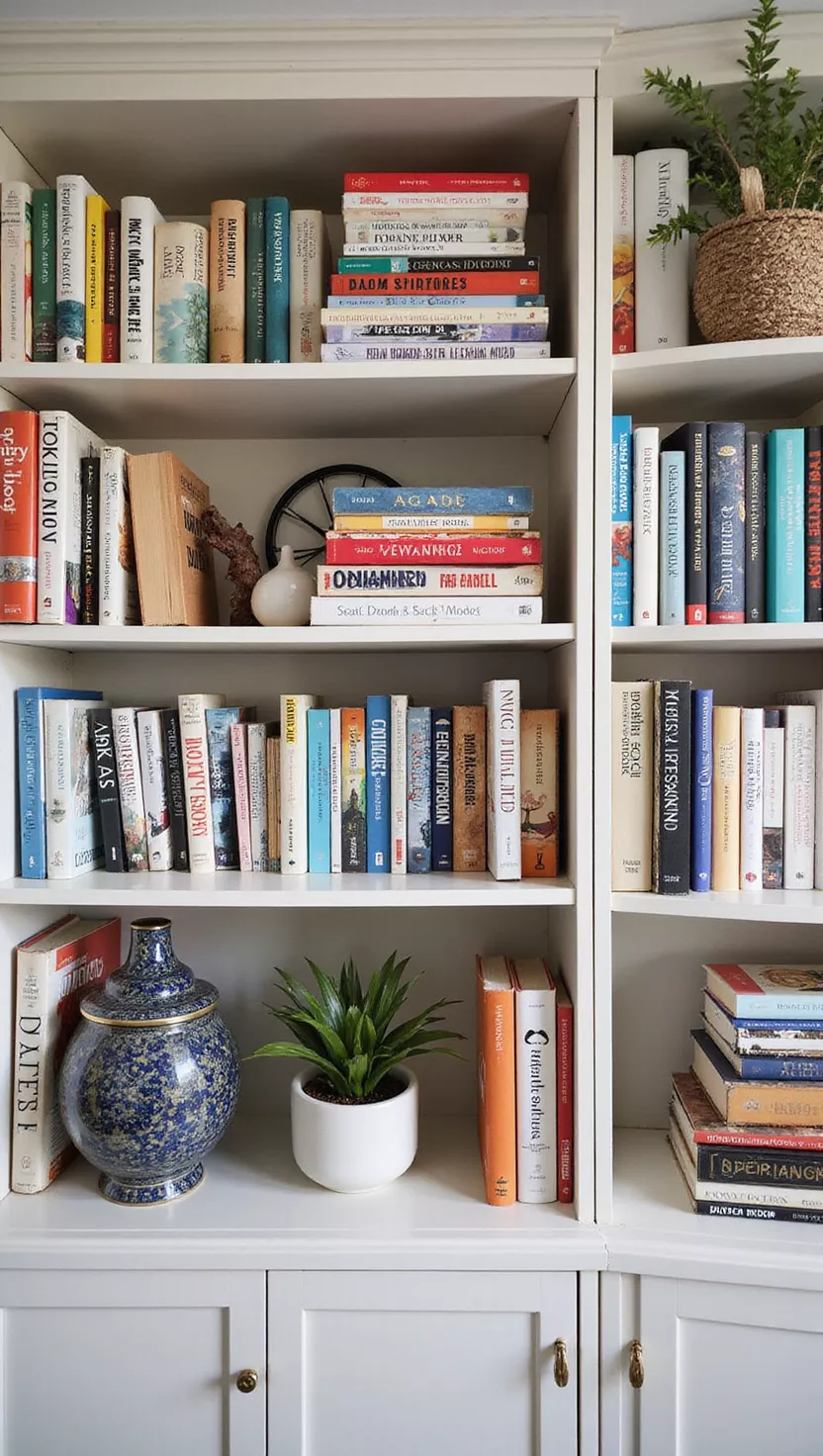 Bücherregale Füllen A professional photo, similar to a photo in a home design magazine, of a neatly organized bookshelf brimming with books.