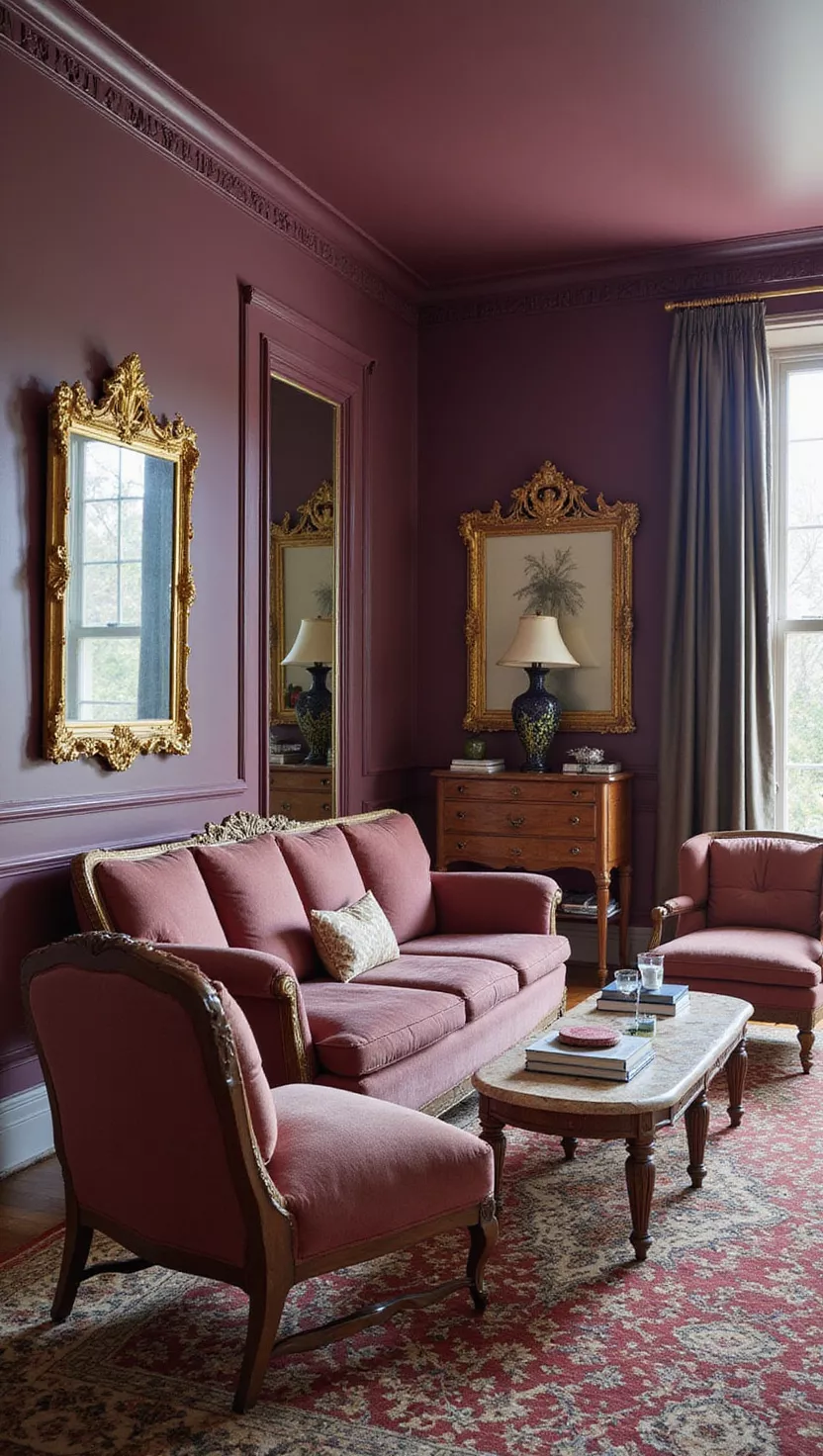 Mystisches Aubergine A professional photo, similar to a photo in a home design magazine, of a sophisticated living room with deep aubergine walls, antique furniture, and golden mirrors.