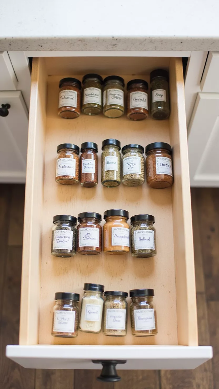 Gewürzschublade einrichten A professional photo, similar to a photo in a home design magazine, of an open kitchen drawer, neatly filled with spice jars laid flat, labels facing up.
