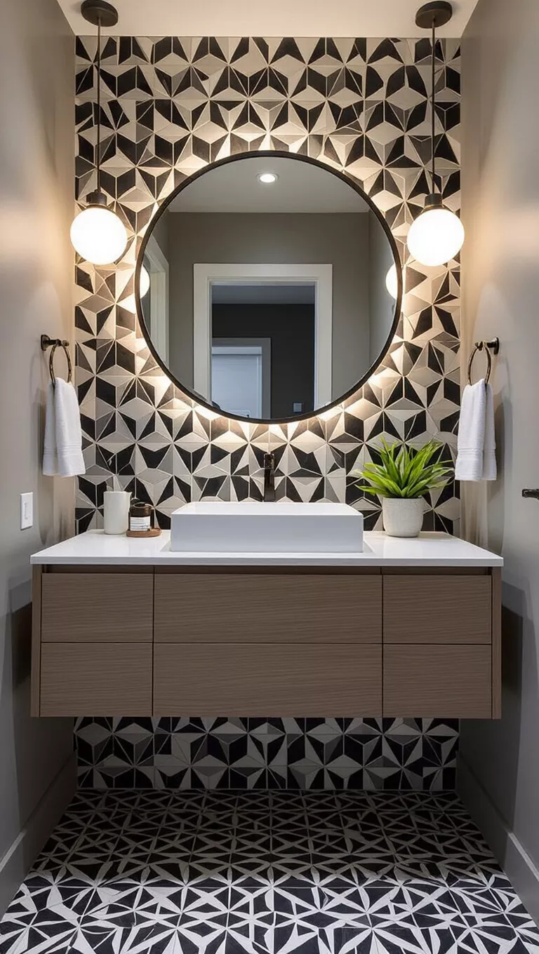 A professional photo, similar to a photo in a home design magazine, of a contemporary bathroom with a geometric pattern tiled accent wall in black and white, a sleek floating vanity, and modern round mirror.
